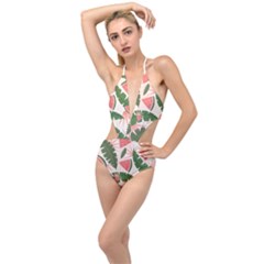 Tropical Watermelon Leaves Pink And Green Jungle Leaves Retro Hawaiian Style Plunging Cut Out Swimsuit by genx