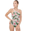 Tropical Watermelon Leaves Pink and green jungle leaves retro Hawaiian style High Neck One Piece Swimsuit View1