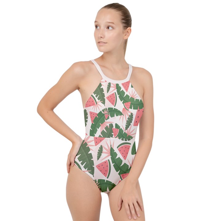 Tropical Watermelon Leaves Pink and green jungle leaves retro Hawaiian style High Neck One Piece Swimsuit