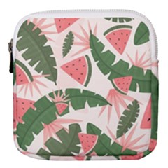 Tropical Watermelon Leaves Pink And Green Jungle Leaves Retro Hawaiian Style Mini Square Pouch by genx