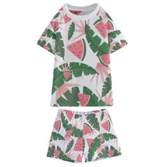 Tropical Watermelon Leaves Pink And Green Jungle Leaves Retro Hawaiian Style Kids  Swim Tee And Shorts Set by genx