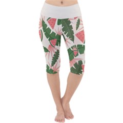 Tropical Watermelon Leaves Pink And Green Jungle Leaves Retro Hawaiian Style Lightweight Velour Cropped Yoga Leggings by genx