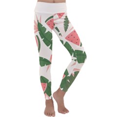 Tropical Watermelon Leaves Pink And Green Jungle Leaves Retro Hawaiian Style Kids  Lightweight Velour Classic Yoga Leggings by genx
