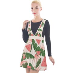 Tropical Watermelon Leaves Pink And Green Jungle Leaves Retro Hawaiian Style Plunge Pinafore Velour Dress by genx