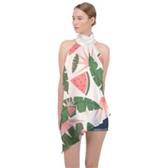 Tropical Watermelon Leaves Pink And Green Jungle Leaves Retro Hawaiian Style Halter Asymmetric Satin Top by genx