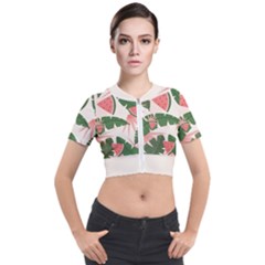 Tropical Watermelon Leaves Pink And Green Jungle Leaves Retro Hawaiian Style Short Sleeve Cropped Jacket by genx