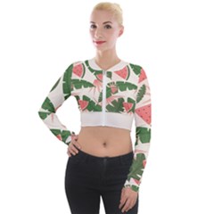 Tropical Watermelon Leaves Pink And Green Jungle Leaves Retro Hawaiian Style Long Sleeve Cropped Velvet Jacket by genx