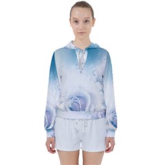 Beautiful Floral Design In Soft Blue Colors Women s Tie Up Sweat by FantasyWorld7