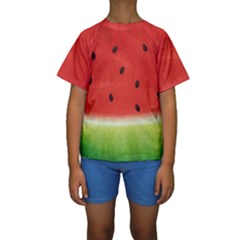 Juicy Paint Texture Watermelon Red And Green Watercolor Kids  Short Sleeve Swimwear by genx