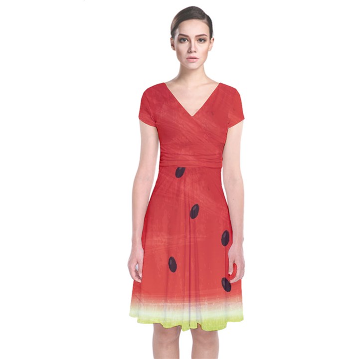 Juicy Paint texture Watermelon red and green watercolor Short Sleeve Front Wrap Dress