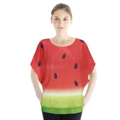 Juicy Paint Texture Watermelon Red And Green Watercolor Batwing Chiffon Blouse