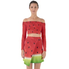 Juicy Paint Texture Watermelon Red And Green Watercolor Off Shoulder Top With Skirt Set by genx