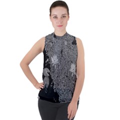 Black And White Lily Pond Mock Neck Chiffon Sleeveless Top by okhismakingart