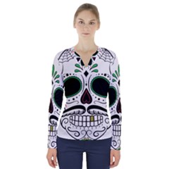 Day Of The Dead Skull Sugar Skull V-neck Long Sleeve Top by Sudhe