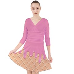 Ice Cream Pink Melting Background With Beige Cone Quarter Sleeve Front Wrap Dress by genx