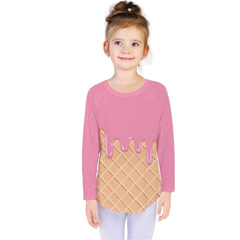 Ice Cream Pink Melting Background With Beige Cone Kids  Long Sleeve Tee by genx
