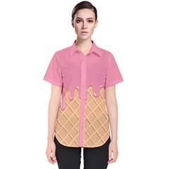 Ice Cream Pink Melting Background With Beige Cone Women s Short Sleeve Shirt