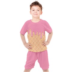 Ice Cream Pink Melting Background With Beige Cone Kids  Tee And Shorts Set by genx