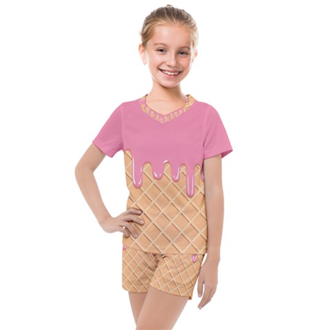 Ice Cream Pink Melting Background With Beige Cone Kids  Mesh Tee And Shorts Set by genx