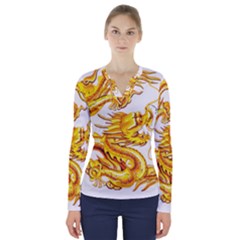 Chinese Dragon Golden V-neck Long Sleeve Top by Sudhe