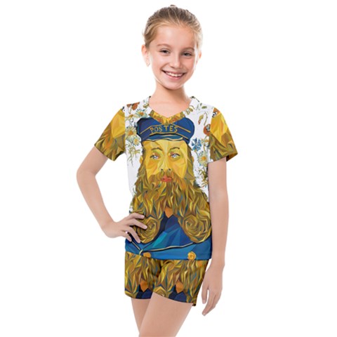 Vincent Van Gogh Cartoon Beard Illustration Bearde Kids  Mesh Tee And Shorts Set by Sudhe