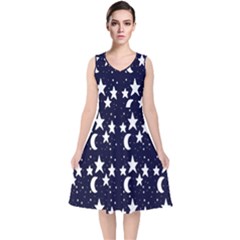 Starry Night Cartoon Print Pattern V-neck Midi Sleeveless Dress  by dflcprintsclothing