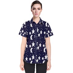 Starry Night Cartoon Print Pattern Women s Short Sleeve Shirt