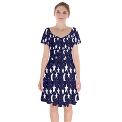 Starry Night Cartoon Print Pattern Short Sleeve Bardot Dress