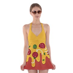 Pizza Topping Funny Modern Yellow Melting Cheese And Pepperonis Halter Dress Swimsuit  by genx