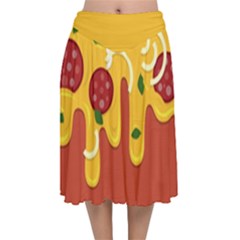 Pizza Topping Funny Modern Yellow Melting Cheese And Pepperonis Velvet Flared Midi Skirt by genx