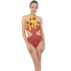 Pizza Topping Funny Modern Yellow Melting Cheese And Pepperonis Halter Side Cut Swimsuit by genx