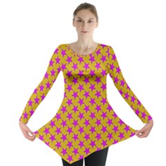 Pink Stars Pattern On Yellow Long Sleeve Tunic  by BrightVibesDesign