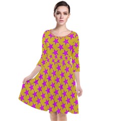 Pink Stars Pattern On Yellow Quarter Sleeve Waist Band Dress by BrightVibesDesign