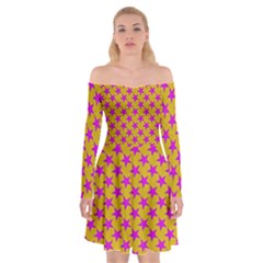 Pink Stars Pattern On Yellow Off Shoulder Skater Dress by BrightVibesDesign