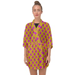 Pink Stars Pattern On Yellow Half Sleeve Chiffon Kimono by BrightVibesDesign