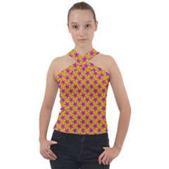 Pink Stars Pattern On Yellow Cross Neck Velour Top by BrightVibesDesign