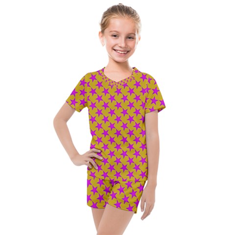 Pink Stars Pattern On Yellow Kids  Mesh Tee And Shorts Set by BrightVibesDesign