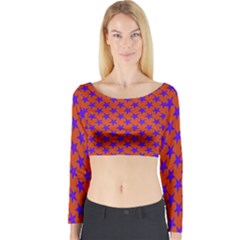 Purple Stars Pattern On Orange Long Sleeve Crop Top by BrightVibesDesign