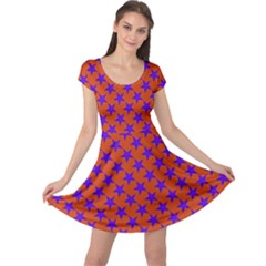 Purple Stars Pattern On Orange Cap Sleeve Dress by BrightVibesDesign