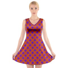 Purple Stars Pattern On Orange V-neck Sleeveless Dress by BrightVibesDesign