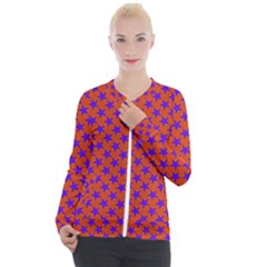 Purple Stars Pattern On Orange Casual Zip Up Jacket by BrightVibesDesign