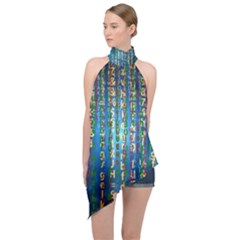 Binary Null One Digital Blue Halter Asymmetric Satin Top by Pakrebo