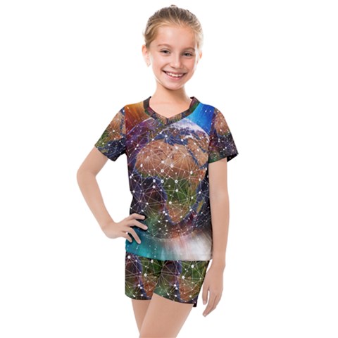 Network Earth Block Chain Globe Kids  Mesh Tee And Shorts Set by Pakrebo