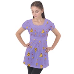 Pizza Pattern Violet Pepperoni Cheese Funny Slices Puff Sleeve Tunic Top by genx