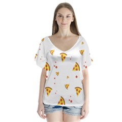 Pizza Pattern Pepperoni Cheese Funny Slices V-neck Flutter Sleeve Top by genx