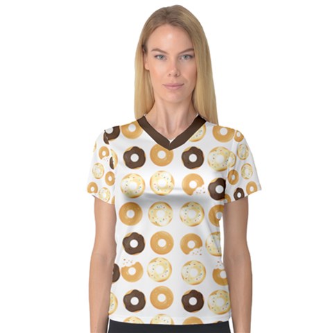 Donuts Pattern With Bites Bright Pastel Blue And Brown Cropped Sweatshirt V-neck Sport Mesh Tee by genx