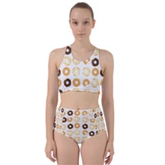 Donuts Pattern With Bites Bright Pastel Blue And Brown Cropped Sweatshirt Racer Back Bikini Set by genx