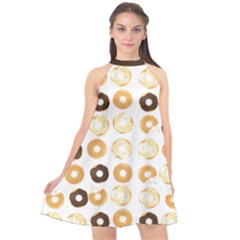Donuts Pattern With Bites Bright Pastel Blue And Brown Cropped Sweatshirt Halter Neckline Chiffon Dress  by genx