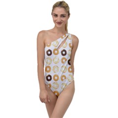 Donuts Pattern With Bites Bright Pastel Blue And Brown Cropped Sweatshirt To One Side Swimsuit by genx