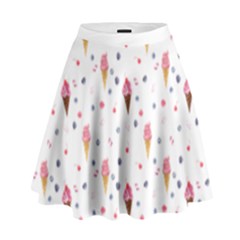Ice Cream Cones Watercolor With Fruit Berries And Cherries Summer Pattern High Waist Skirt by genx